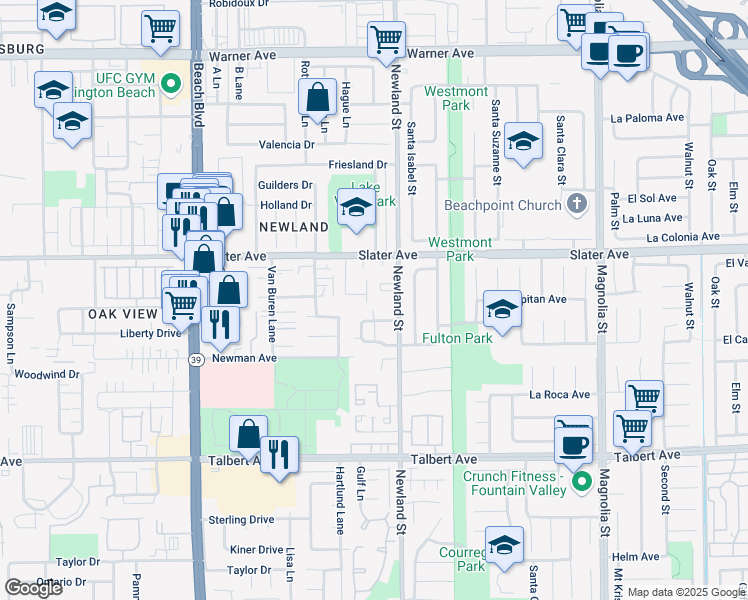 map of restaurants, bars, coffee shops, grocery stores, and more near 8471 Benjamin Drive in Huntington Beach