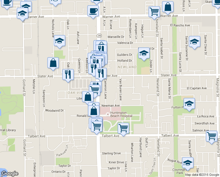 map of restaurants, bars, coffee shops, grocery stores, and more near 17641 Sergio Circle in Huntington Beach