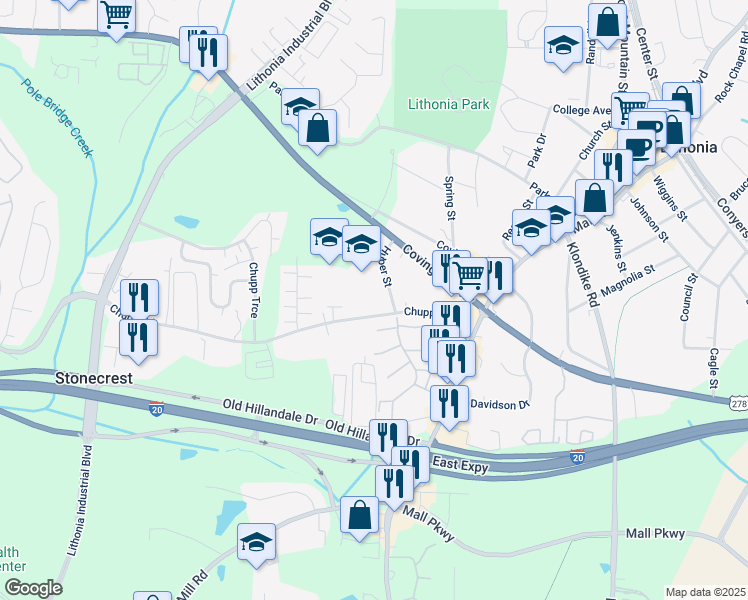 map of restaurants, bars, coffee shops, grocery stores, and more near 6704 Chupp Road in Lithonia