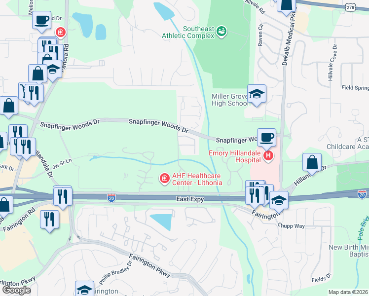 map of restaurants, bars, coffee shops, grocery stores, and more near 5706 Keys Way in Lithonia