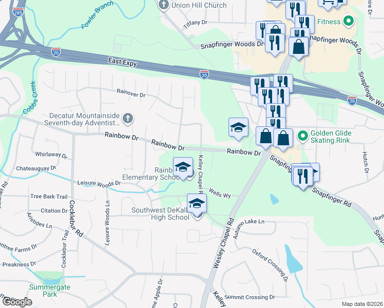 map of restaurants, bars, coffee shops, grocery stores, and more near 4059 Rainbow Drive in Decatur