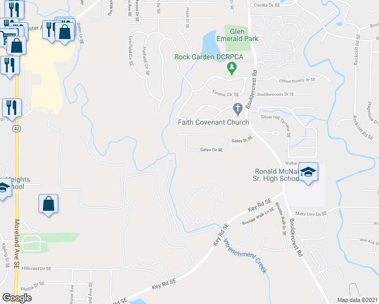 map of restaurants, bars, coffee shops, grocery stores, and more near 1472 Gates Circle Southeast in Atlanta