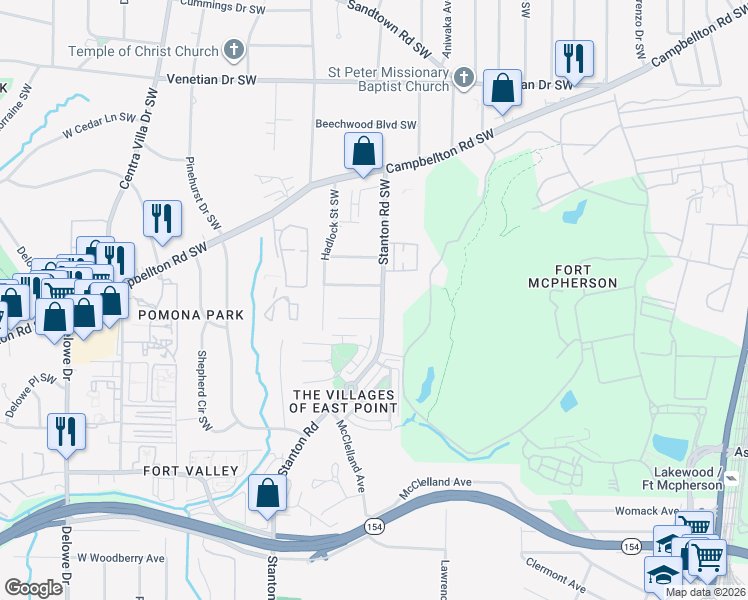 map of restaurants, bars, coffee shops, grocery stores, and more near 1787 Stanton Road Southwest in Atlanta