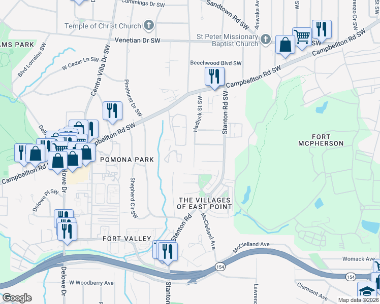 map of restaurants, bars, coffee shops, grocery stores, and more near 1779 Hadlock Street Southwest in Atlanta