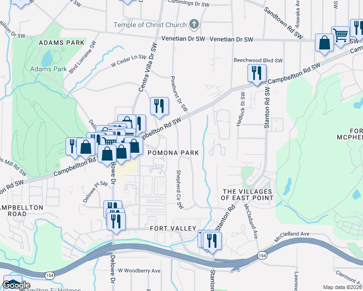 map of restaurants, bars, coffee shops, grocery stores, and more near 1786 Timothy Drive Southwest in Atlanta