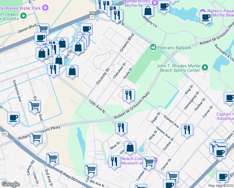 map of restaurants, bars, coffee shops, grocery stores, and more near 1357 Brown Pelican Drive in Myrtle Beach