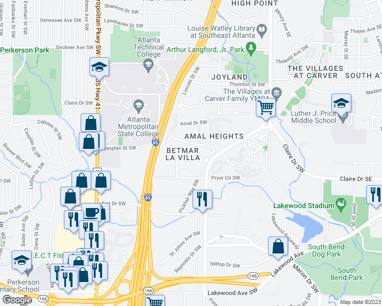 map of restaurants, bars, coffee shops, grocery stores, and more near 1798 Giben Road Southwest in Atlanta