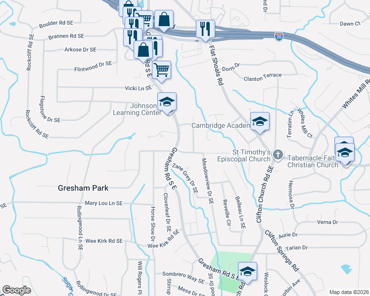map of restaurants, bars, coffee shops, grocery stores, and more near 2019 Parker Ranch Road Southeast in Atlanta