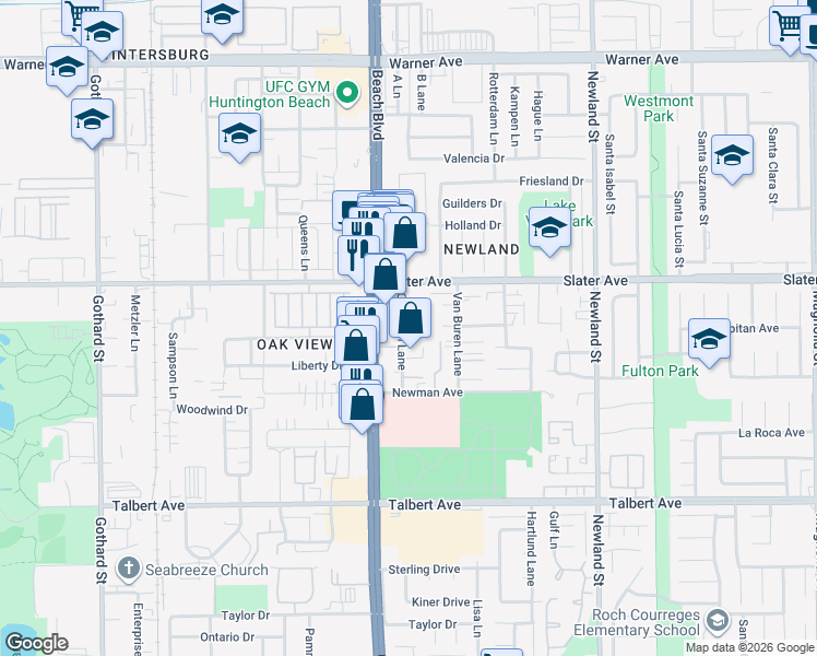 map of restaurants, bars, coffee shops, grocery stores, and more near 1009 Georgia St in Huntington Beach