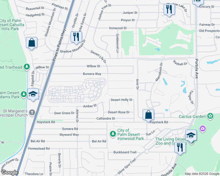 map of restaurants, bars, coffee shops, grocery stores, and more near 73268 Goldflower Street in Palm Desert