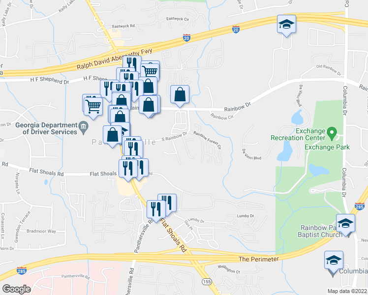 map of restaurants, bars, coffee shops, grocery stores, and more near 1527 Eastern Sunrise Lane in Decatur