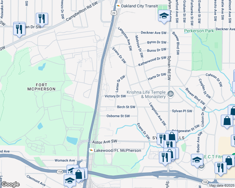 map of restaurants, bars, coffee shops, grocery stores, and more near 1129 Victory Drive Southwest in Atlanta