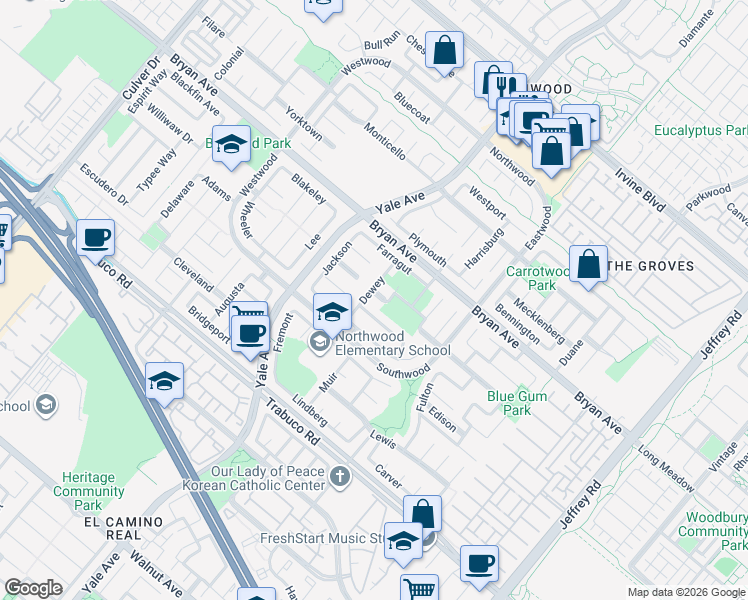 map of restaurants, bars, coffee shops, grocery stores, and more near 2 Clay in Irvine