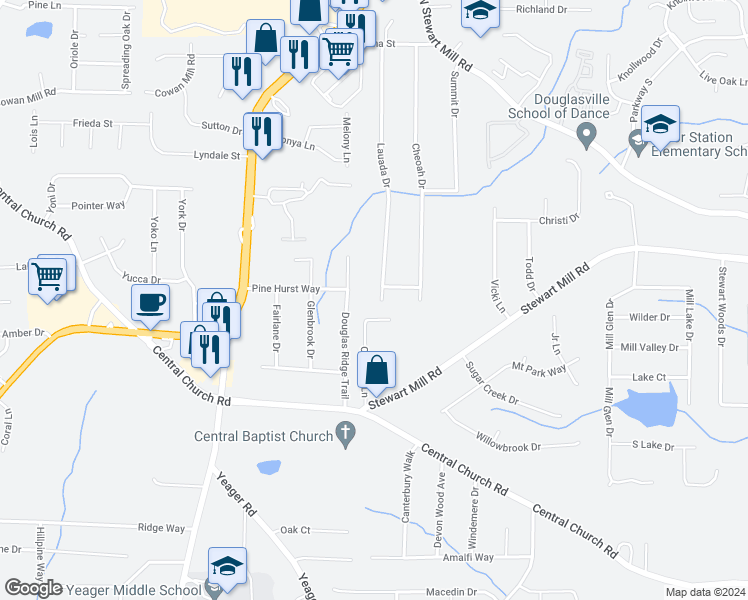 map of restaurants, bars, coffee shops, grocery stores, and more near 4124 Lauada Drive in Douglasville