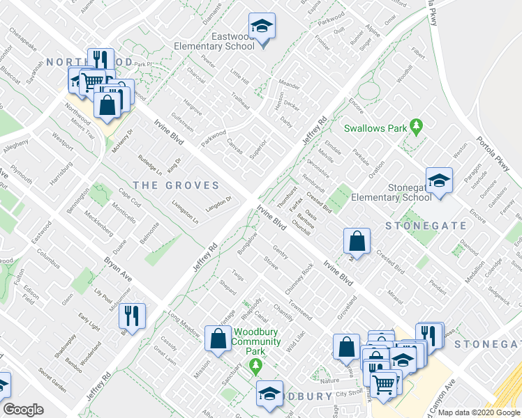 map of restaurants, bars, coffee shops, grocery stores, and more near 5516 Irvine Boulevard in Irvine