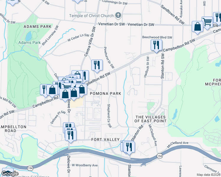 map of restaurants, bars, coffee shops, grocery stores, and more near 1786 Timothy Drive Southwest in Atlanta