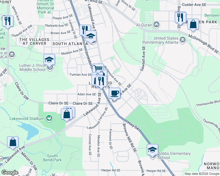 map of restaurants, bars, coffee shops, grocery stores, and more near 7 Whatley Street Southeast in Atlanta