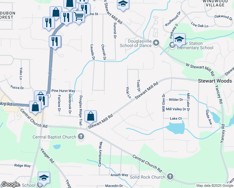 map of restaurants, bars, coffee shops, grocery stores, and more near 5710 Stewart Mill Road in Douglasville