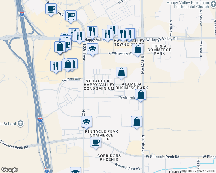 map of restaurants, bars, coffee shops, grocery stores, and more near Unnamed Road in Phoenix