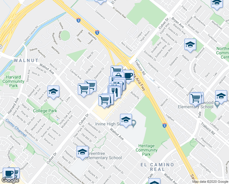 map of restaurants, bars, coffee shops, grocery stores, and more near 14252 Culver Drive in Irvine