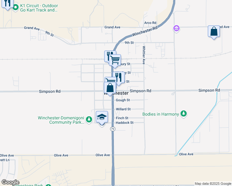 map of restaurants, bars, coffee shops, grocery stores, and more near 35674 Yellowstone Street in Winchester