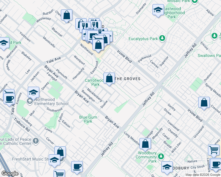map of restaurants, bars, coffee shops, grocery stores, and more near 3 Duane in Irvine