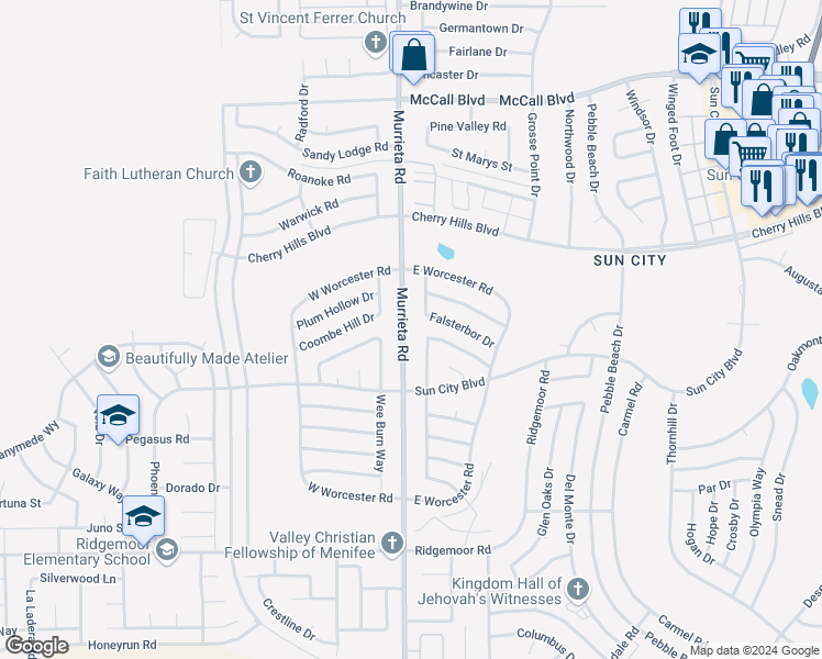 map of restaurants, bars, coffee shops, grocery stores, and more near 28506 Murrieta Road in Menifee