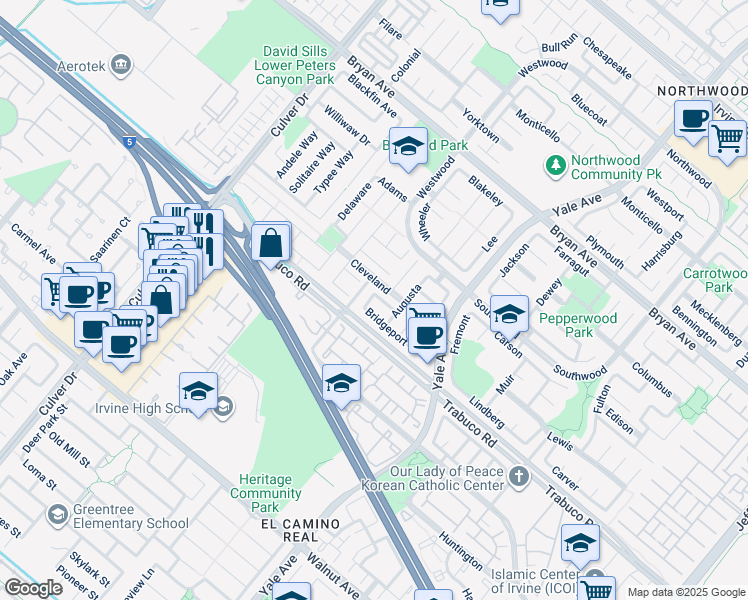 map of restaurants, bars, coffee shops, grocery stores, and more near 19 Southampton in Irvine