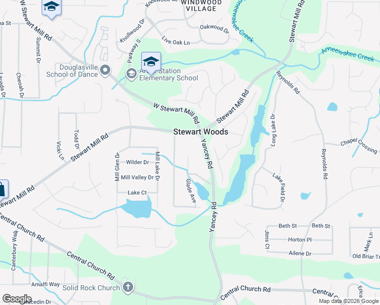 map of restaurants, bars, coffee shops, grocery stores, and more near 3800 Glade Avenue in Douglasville