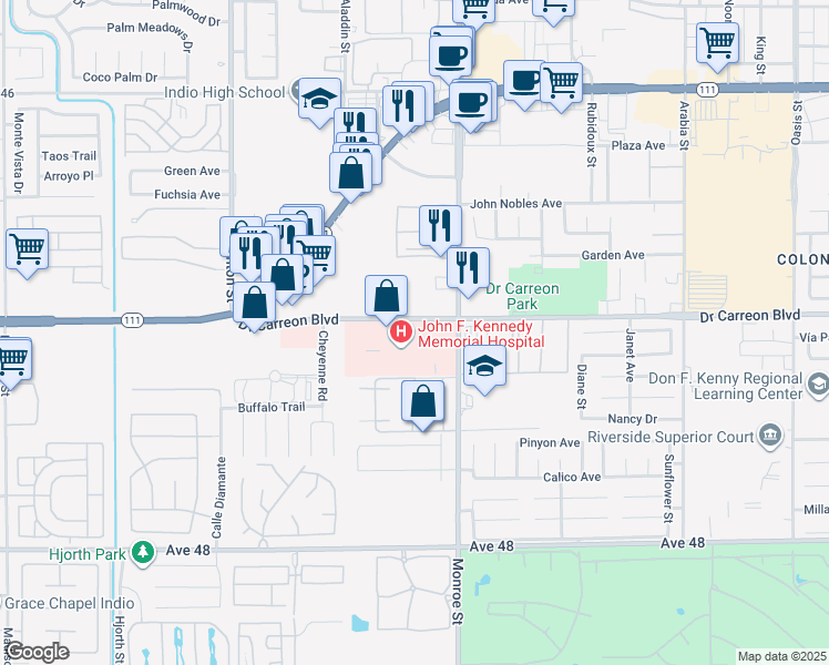 map of restaurants, bars, coffee shops, grocery stores, and more near 81893 Doctor Carreon Boulevard in Indio