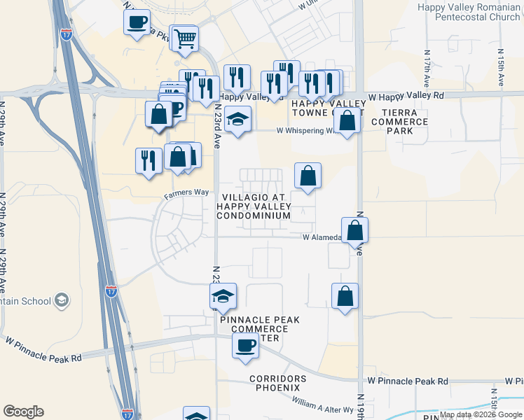 map of restaurants, bars, coffee shops, grocery stores, and more near Unnamed Road in Phoenix