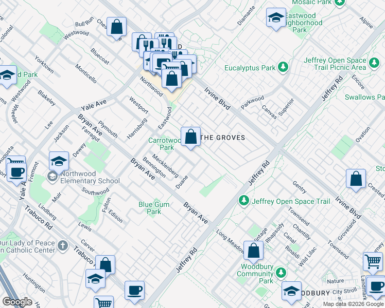 map of restaurants, bars, coffee shops, grocery stores, and more near 3 Duane in Irvine