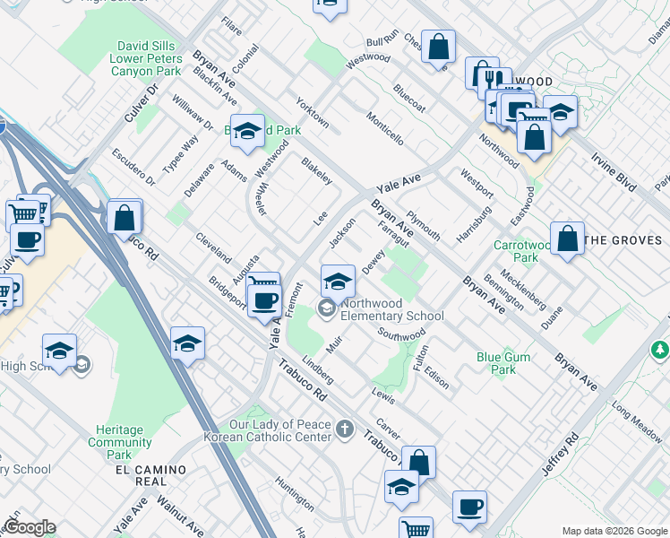 map of restaurants, bars, coffee shops, grocery stores, and more near 16 Grant in Irvine