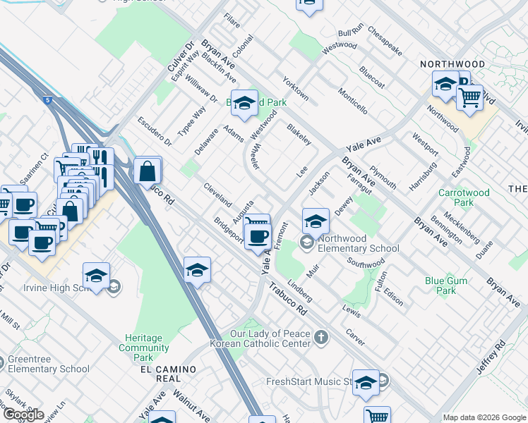 map of restaurants, bars, coffee shops, grocery stores, and more near 33 Potomac in Irvine
