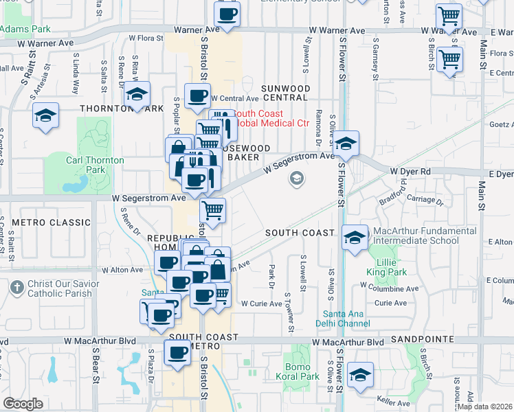 map of restaurants, bars, coffee shops, grocery stores, and more near 3017 South Rosewood Avenue in Santa Ana