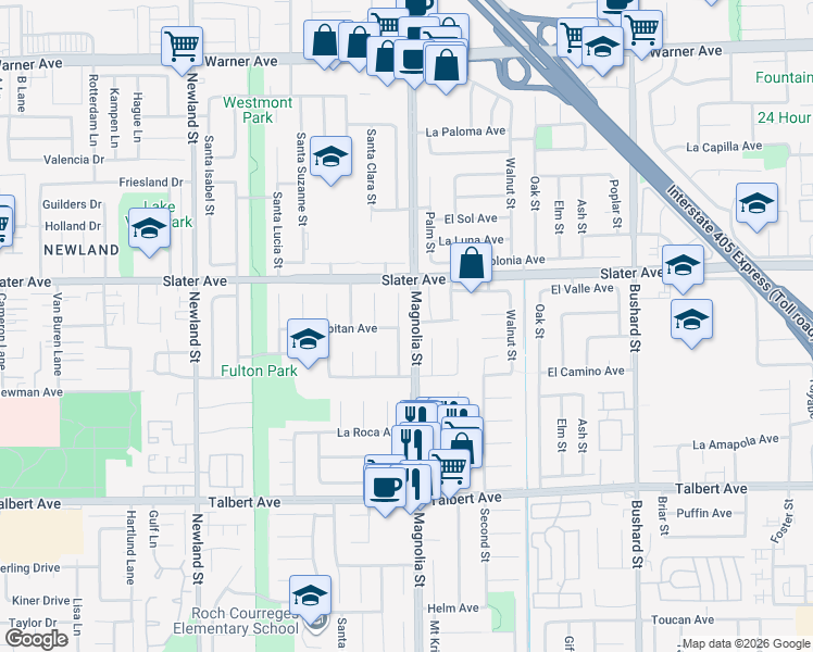 map of restaurants, bars, coffee shops, grocery stores, and more near 17640 Santa Elena Street in Fountain Valley