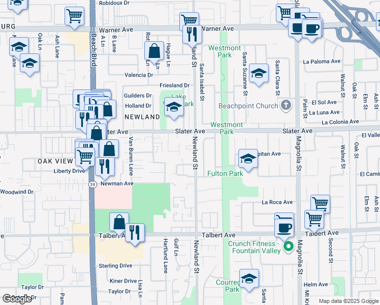 map of restaurants, bars, coffee shops, grocery stores, and more near 8471 Benjamin Drive in Huntington Beach