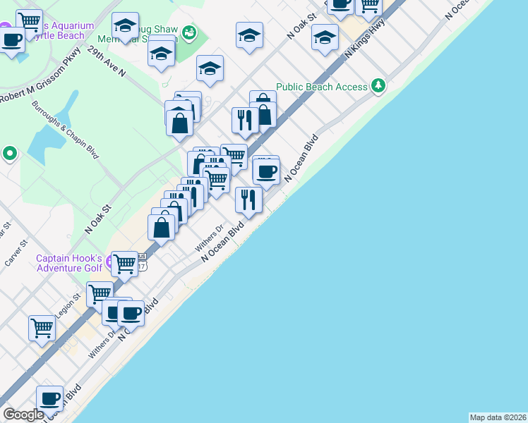 map of restaurants, bars, coffee shops, grocery stores, and more near 2800 North Ocean Boulevard in Myrtle Beach
