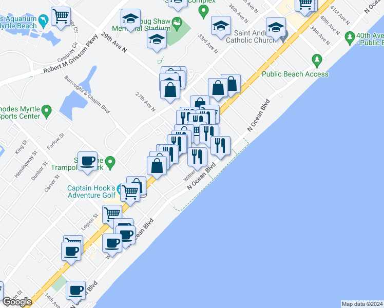 map of restaurants, bars, coffee shops, grocery stores, and more near 407 27th Avenue North in Myrtle Beach