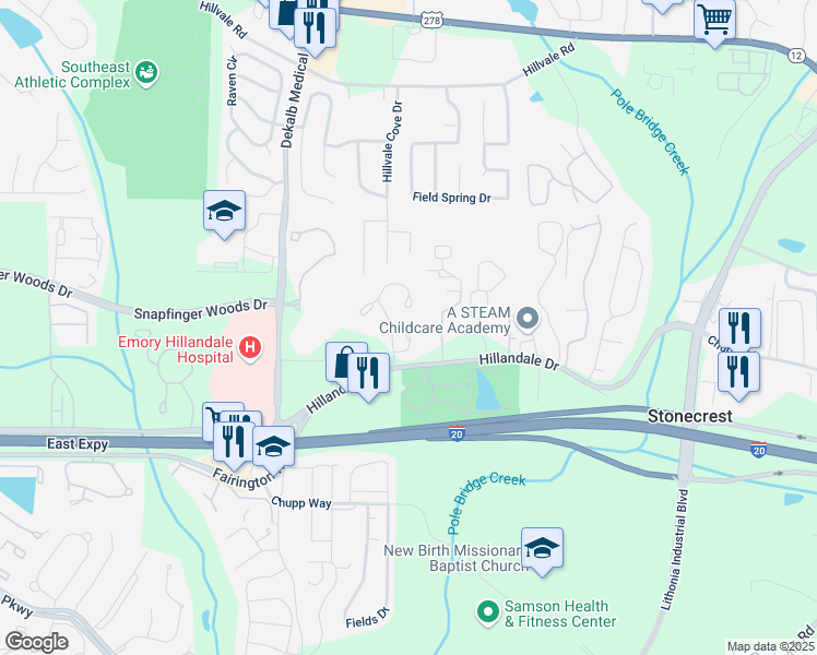map of restaurants, bars, coffee shops, grocery stores, and more near 2751 Penwood Place in Lithonia