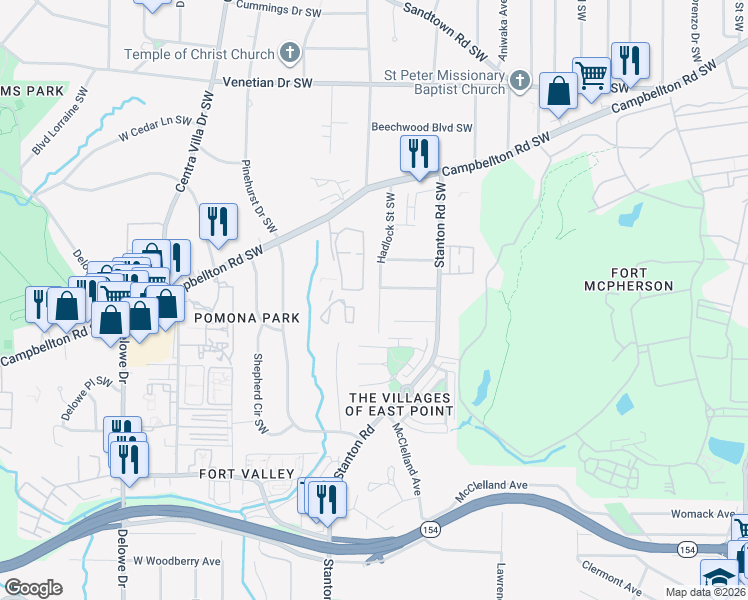 map of restaurants, bars, coffee shops, grocery stores, and more near 1779 Hadlock Street Southwest in Atlanta