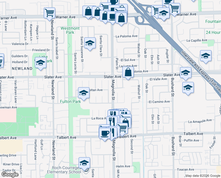 map of restaurants, bars, coffee shops, grocery stores, and more near 17640 Santa Elena Street in Fountain Valley