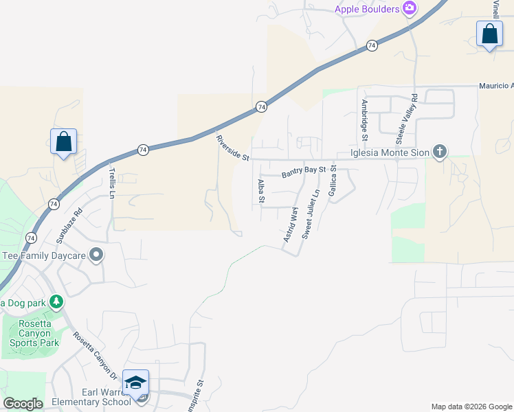 map of restaurants, bars, coffee shops, grocery stores, and more near 52993 Alba Street in Lake Elsinore
