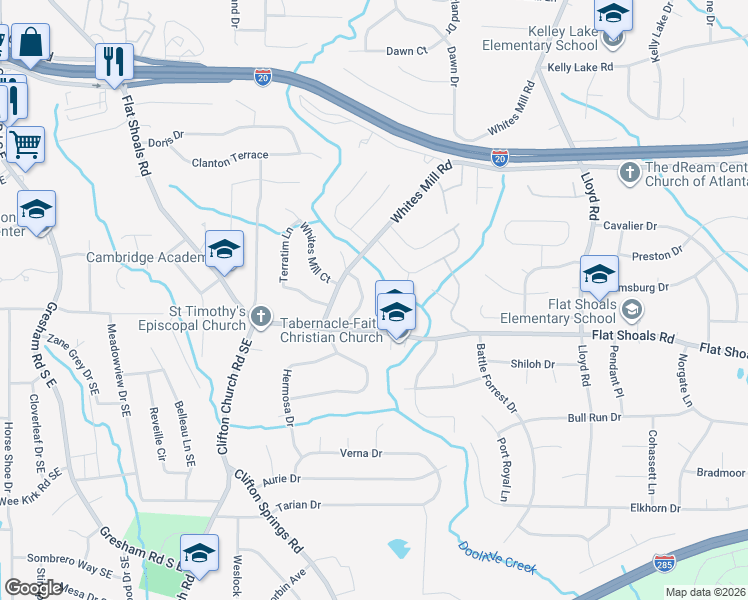 map of restaurants, bars, coffee shops, grocery stores, and more near 2958 Flat Shoals Road in Decatur