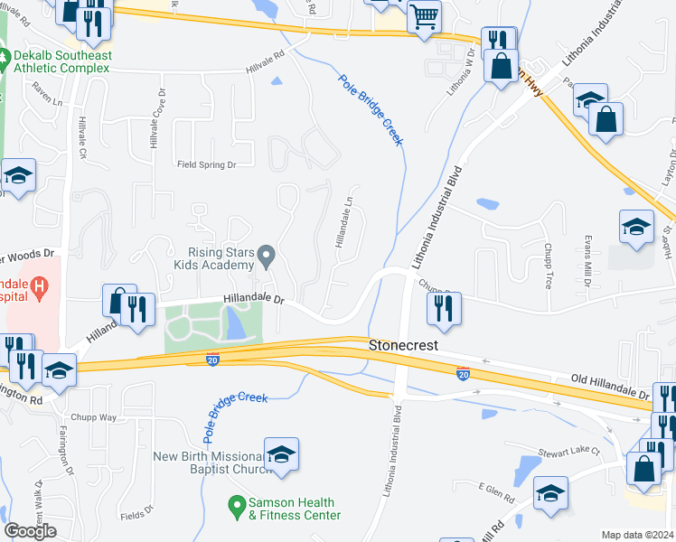 map of restaurants, bars, coffee shops, grocery stores, and more near 473 Hillandale Park Drive in Lithonia