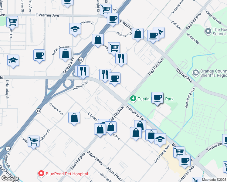 map of restaurants, bars, coffee shops, grocery stores, and more near 1951 East Dyer Road in Santa Ana