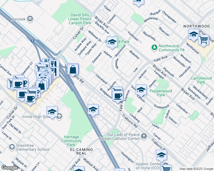 map of restaurants, bars, coffee shops, grocery stores, and more near 10 Southampton in Irvine