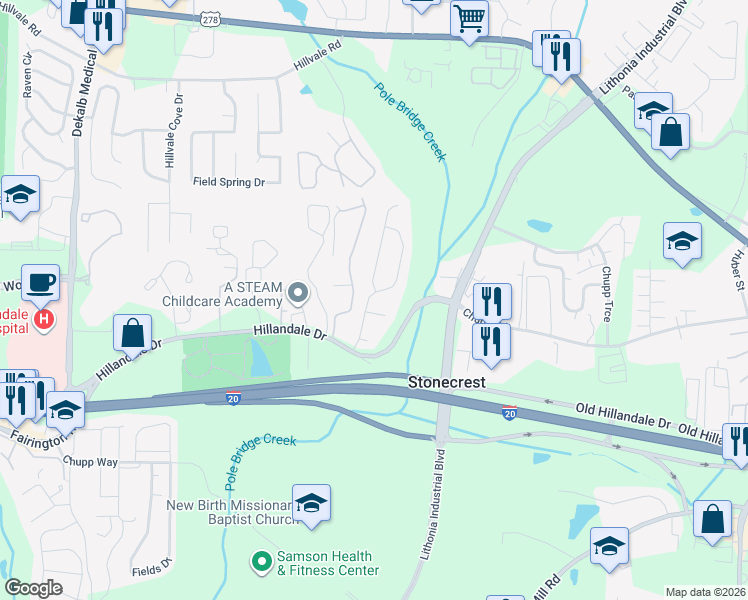map of restaurants, bars, coffee shops, grocery stores, and more near 223 Hillandale Park Court in Lithonia