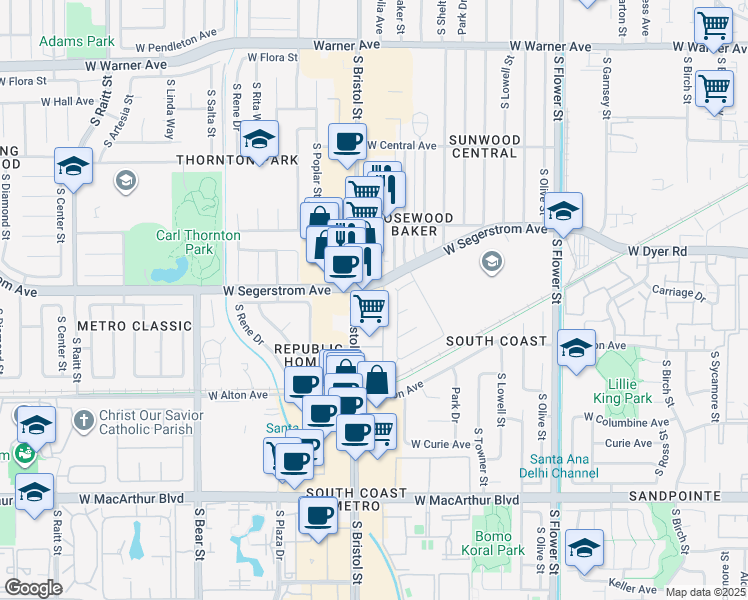 map of restaurants, bars, coffee shops, grocery stores, and more near 3047 South Bristol Street in Santa Ana