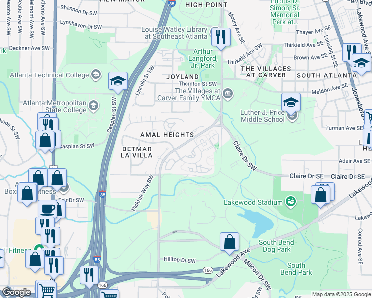 map of restaurants, bars, coffee shops, grocery stores, and more near 3001 Amal Drive Southwest in Atlanta